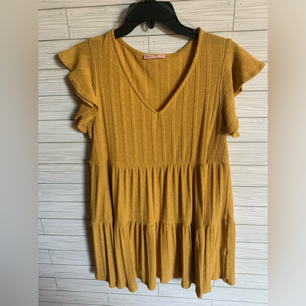 Ces Femme Mustard V-Neck Flutter Sleeve Tiered Women’s dress